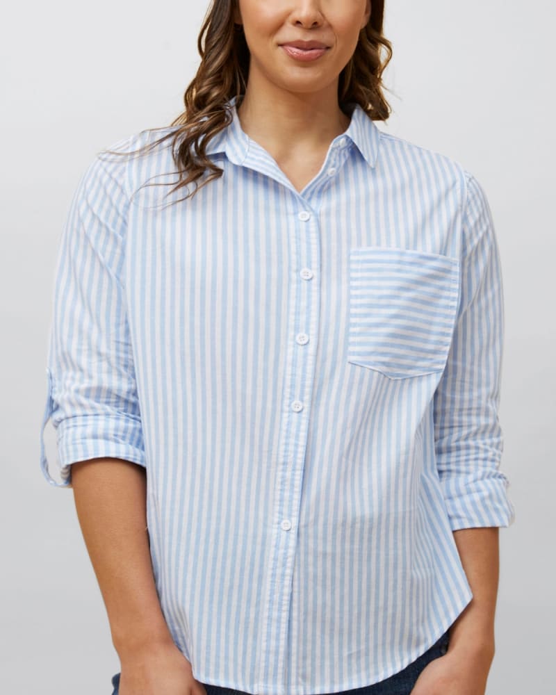 Front of a model wearing a size XL Irene Shirt Vertical Striped Long Sleeve in Blue by ANNICK. | dia_product_style_image_id:352559